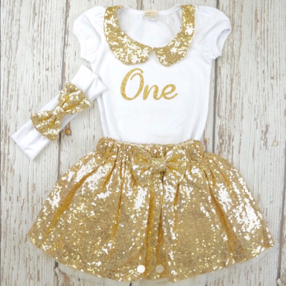 Little Girls First Birthday Outfit Gold Sequined